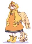  1girl absurdres animal animal_on_head bird bird_on_head bird_tail bird_wings blonde_hair blush_stickers boots chick commentary feathered_wings full_body highres hood hoodie kame_(kamepan44231) long_sleeves looking_away multicolored_hair niwatari_kutaka on_head one-hour_drawing_challenge parted_lips red_eyes redhead shadow short_hair simple_background solo tail touhou two-tone_hair whistle whistle_around_neck white_background wings yellow_footwear yellow_hoodie yellow_wings 