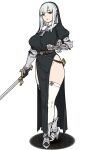  1girl armored_boots bangs black_dress boots cross dress gauntlets green_eyes highres holding holding_sword holding_weapon houtengeki knight long_hair looking_at_viewer original sheath simple_background solo standing sword thigh-highs weapon white_background white_hair white_thighhighs 