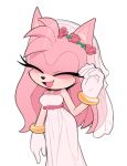  1girl amy_rose animal_ears animal_nose bare_shoulders belt bracelet breasts closed_eyes dress english_commentary eyelashes flower furry furry_female gem gloves gold_bracelet hand_up head_wreath hedgehog_ears hedgehog_girl jewelry medium_breasts necklace open_mouth pink_belt pink_flower pink_fur pink_rose rose simple_background sleeveless sleeveless_dress smile solo sonic_(series) standing tongue toonsite veil wedding_dress white_background white_dress white_gloves yellow_gemstone 