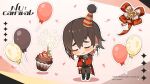  1boy balloon birthday_cake blush brown_hair cake chibi chinese_clothes colored_inner_hair confetti ear_piercing food gem gloves long_sleeves male_focus multicolored_hair nu_carnival official_art orange_hair piercing red_gloves standing yakumo_(nu_carnival) 