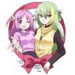  2girls alina_gray alternate_costume bangs blonde_hair blush breasts collared_shirt dated green_eyes green_hair hair_between_eyes hair_ornament hair_ribbon highres jewelry long_hair long_sleeves looking_at_viewer magia_record:_mahou_shoujo_madoka_magica_gaiden mahou_shoujo_madoka_magica medium_breasts medium_hair misono_karin multicolored_hair multiple_girls necklace one_eye_closed open_mouth orange_ribbon parted_bangs pink_shirt purple_hair purple_shirt ribbon satom shirt sidelocks simple_background single_hair_ring smile star_(symbol) star_hair_ornament straight_hair streaked_hair sweater sweater_vest two_side_up vest violet_eyes white_background yellow_vest 