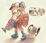  1girl :d aqua_footwear aqua_gloves aqua_headwear baseball_cap blue_eyes boots bulging_eyes chum_(splatoon) colored_tongue elbow_gloves fins frying_pan gloves green_eyes hat highres holding holding_frying_pan inkling inkling_girl legs_apart lifebuoy long_hair mixed_media mohawk mu_su_me_bot multicolored_eyes open_mouth orange_hair orange_overalls orange_tongue overalls packet pointy_ears red_eyes redhead rope rubber_boots rubber_gloves salmon_run_(splatoon) salmonid shadow smile solo splatoon_(series) splatoon_2 splattershot_(splatoon) standing super_soaker tentacle_hair two-tone_headwear white_headwear 