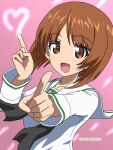  1girl :d artist_name bangs black_neckerchief blouse brown_eyes brown_hair commentary dancing dated foreshortening girls_und_panzer heart highres index_fingers_raised light_trail long_sleeves looking_at_viewer naotosi neckerchief nishizumi_miho ooarai_school_uniform open_mouth pink_background sailor_collar school_uniform serafuku shirt short_hair smile solo upper_body valentine white_sailor_collar white_shirt 