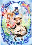  3girls black_hair blonde_hair blue_dress blue_eyes blush dress drill_hair fairy fairy_wings flower long_hair luna_child mosho multiple_girls red_eyes redhead star_(symbol) star_sapphire sunny_milk touhou two_side_up violet_eyes white_dress wings 