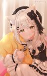  1girl animal_ears capelet cat_ears cat_girl dress frilled_capelet frills grey_hair grin hat highres indie_virtual_youtuber long_hair long_sleeves looking_at_viewer nekodo_oyuchi object_hug pillow pillow_hug shirochimaki smile virtual_youtuber white_dress yellow_eyes 