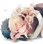  1boy 1girl azumi_(myameco) black_hair blonde_hair cape closed_eyes closed_mouth commentary couple ereshkigal_(fate) fate/grand_order fate_(series) fujimaru_ritsuka_(male) hair_ribbon hetero hug long_hair red_cape red_ribbon ribbon short_hair simple_background smile symbol-only_commentary white_background 
