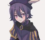  1boy 382 black_cape blush cape character_request closed_mouth copyright_request hat highres jacket long_sleeves looking_at_viewer male_focus purple_hair purple_jacket short_hair solo violet_eyes white_background 