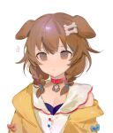 1girl animal_collar animal_ears bangs bone_hair_ornament braid brown_eyes brown_hair collar dog_ears dog_girl dress hair_between_eyes hair_ornament hairclip highres hololive inugami_korone jacket low_twin_braids medium_hair off_shoulder open_clothes open_jacket ranqi070 red_collar simple_background sleeveless sleeveless_dress solo twin_braids virtual_youtuber white_background white_dress yellow_jacket 