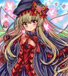  1girl bangs black_capelet black_dress black_headwear blonde_hair blush capelet dress fairy fairy_wings flower frilled_sleeves frills hair_between_eyes hat lily_black lily_white long_hair long_sleeves open_mouth petals pink_flower red_eyes rui_(sugar3) sample_watermark solo touhou traditional_media watermark wide_sleeves wings 