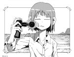  1girl aremoyou beach closed_eyes commentary dated greyscale highres holding jitome kitano_takeshi massager monochrome ocean original scene_reference shirt short_hair solo sonatine tape white_background 