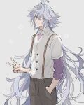  1boy absurdres ahoge alternate_costume black_pants collared_shirt cowboy_shot fate/grand_order fate_(series) flower_(symbol) grey_background grey_hair hair_between_eyes hand_in_pocket highres jacket layered_sleeves long_hair long_sleeves looking_at_viewer male_focus merlin_(fate) nayu_tundora open_collar pants purple_shirt shirt short_over_long_sleeves short_sleeves simple_background smile suspenders v very_long_hair violet_eyes white_jacket 