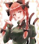  1girl :d animal_ears aridamikannn black_bow bow cat_day cat_ears cat_tail dress extra_ears fangs floral_print green_dress highres kaenbyou_rin multiple_tails open_mouth paw_pose red_eyes redhead smile solo tail touhou two_tails 