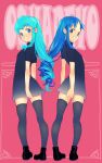 2girls ankle_boots aqua_hair background_text bangs black_dress black_footwear black_thighhighs blue_eyes blue_hair boots commentary dress drill_hair from_behind grin happinesscharge_precure! heartcatch_precure! intertwined_hair jj_(ssspulse) kurumi_erika long_hair looking_at_viewer looking_back multiple_girls open_mouth precure romaji_text series_connection shirayuki_hime short_dress short_sleeves smile standing symmetrical_pose thigh-highs translated 