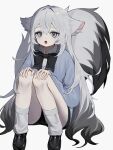  1girl absurdres animal_ears black_hair black_shorts blue_cardigan bow bowtie cardigan gradient_hair grey_eyes grey_hair hands_on_own_knees highres long_hair multicolored_hair original short_shorts shorts shou_(mori_boro) simple_background sitting tail very_long_hair white_background wolf_ears wolf_girl wolf_tail 