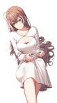  1girl ahoge bangs brown_eyes brown_hair coffee cup dress erezu hair_down hair_ornament hairclip highres holding holding_cup holocouncil hololive hololive_english long_hair multicolored_hair nanashi_mumei sidelocks simple_background solo steam streaked_hair two-tone_hair white_background white_dress 