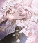  1boy animal_ears baegji13 bishounen cherry_blossoms fox_boy fox_ears highres kuya_(nu_carnival) looking_at_viewer male_focus mole mole_under_eye nu_carnival parted_lips purple_hair short_hair violet_eyes 