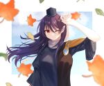  1girl absurdres arm_up armor artist_name autumn autumn_leaves bangs blue_hair blurry blurry_background border breasts closed_mouth dark_blue_hair day depth_of_field falling_leaves hair_between_eyes hat highres iizunamaru_megumu large_breasts leaf light_blush long_hair looking_to_the_side maple_leaf one_eye_closed outdoors outside_border pauldrons pointy_ears pom_pom_(clothes) semi_no_haa shoulder_armor sidelighting single_pauldron sleeves_past_elbows solo tokin_hat touhou waistcoat white_border wind 
