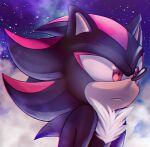  1boy ami-dark animal_ears animal_nose black_fur blue_sky body_fur closed_mouth clouds cloudy_sky english_commentary furry furry_male gradient_sky hedgehog hedgehog_ears looking_to_the_side male_focus night night_sky purple_sky red_eyes red_fur shadow_the_hedgehog sky solo sonic_(series) star_(sky) starry_sky two-tone_fur upper_body 