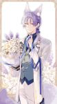  alternate_costume animal_ear_fluff animal_ears bishounen blue_bow blue_ribbon bouquet bow daffodil earrings flower fox_boy fox_ears fox_tail heterochromia highres holding holding_bouquet jewelry kuya_(nu_carnival) long_hair long_sleeves looking_at_viewer low_ponytail male_focus mole mole_under_eye nu_carnival purple_flower purple_hair ribbon standing tail violet_eyes yellow_eyes zym89622531 