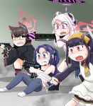  4girls ahoge aiming alternate_costume animal_ears apron arisaka bangs black_hair blue_archive blunt_bangs bolt_action c/h commentary demon_girl demon_horns dual_wielding english_commentary fighting_stance fox_ears fox_girl fuuka_(blue_archive) gun hair_between_eyes hair_ornament hairclip halo headpiece hina_(blue_archive) holding holding_gun holding_weapon horns kitchen_knife long_hair long_sleeves machine_gun mg42 midriff multiple_girls ponytail purple_hair red_eyes rifle sidelocks sig_sauer_mpx sitting submachine_gun surprised twintails two_side_up violet_eyes wakamo_(blue_archive) weapon white_hair yellow_eyes yuuka_(blue_archive) 