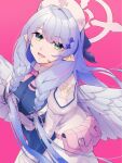  1girl angel_wings blue_archive blue_hair braid breasts gloves green_eyes halo highres juliet_sleeves large_breasts long_hair long_sleeves mine_(blue_archive) pink_background pointy_ears pouch puffy_sleeves twin_braids vutina_217 white_gloves wings 