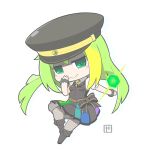  1girl alina_gray black_bow black_footwear black_headwear black_vest blonde_hair blunt_ends bow chain chibi closed_mouth fishnet_thighhighs fishnets fold-over_boots full_body fur_cuffs green_eyes green_hair hat highres long_hair looking_at_viewer magia_record:_mahou_shoujo_madoka_magica_gaiden magical_girl mahou_shoujo_madoka_magica multicolored_clothes multicolored_hair multicolored_skirt peaked_cap pleated_skirt puffy_short_sleeves puffy_sleeves senpaki short_sleeves sidelocks signature simple_background skirt smile solo straight_hair streaked_hair striped striped_skirt thigh-highs vertical-striped_skirt vertical_stripes vest waist_bow white_background 