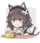  1girl afterimage animal_ear_fluff animal_ears black_hairband black_vest brown_hair cat_ears cat_girl cat_tail collared_shirt drooling grey_eyes hairband highres kurioshi_fio medium_hair motion_lines original ramen satou_(3366_s) shirt steam tail tail_wagging vest white_background white_shirt wing_collar 