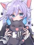  2boys amimia_zaxtuta animal_ears black_cat blue_eyes blush border cat cat_boy cat_ears cat_tail epel_felmier grim_(twisted_wonderland) highres light_purple_hair long_sleeves looking_at_viewer male_focus multiple_boys paw_print purple_background short_hair sketch tail twisted_wonderland white_background white_border 