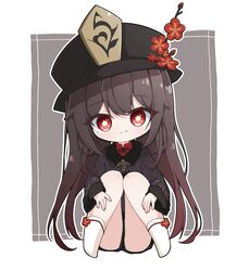  1girl alternate_hairstyle bangs black_footwear black_shorts blush brown_hair brown_headwear brown_jacket chibi commentary_request dspring426 flower flower-shaped_pupils full_body genshin_impact hair_between_eyes hair_down hat hat_flower highres hu_tao_(genshin_impact) jacket long_hair long_sleeves looking_at_viewer red_eyes red_flower red_shirt shirt shoes short_shorts shorts sitting socks solo sparkle symbol-shaped_pupils very_long_hair white_background white_flower white_socks 