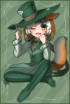  1girl alice_in_wonderland animal_ears boots extra_ears fox_ears fox_girl fox_tail green_background hat highres hikarikmy island_fox_(kemono_friends) kemono_friends kemono_friends_v_project looking_at_viewer necktie one_eye_closed open_mouth pants parody shirt simple_background solo tail vest virtual_youtuber yellow_eyes 