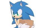  1boy animal_ears animal_nose blue_fur box closed_mouth english_commentary furry furry_male gloves green_eyes hands_up hedgehog hedgehog_ears hedgehog_tail highres holding holding_box looking_to_the_side male_focus simple_background solo sonic_(series) sonic_the_hedgehog standing tail toonsite white_background white_gloves 