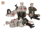  1girl 3boys animal_ears armband baseball black_necktie blonde_hair cat_boy cat_ears cat_girl cat_tail crossed_arms frown full_body highres kemonomimi_mode luguoadeli_(maple12031) lying marley_military_uniform multiple_boys necktie on_back on_stomach pieck_finger porco_galliard reiner_braun shingeki_no_kyojin short_hair sitting smile sweatdrop tail zeke_yeager 