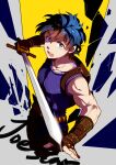  1boy backpack bag birthmark blue_eyes blue_hair commentary_request cowboy_shot cropped_legs fingerless_gloves gloves holding holding_sword holding_weapon joestar_birthmark jojo_no_kimyou_na_bouken jonathan_joestar korean_commentary male_focus open_mouth phantom_blood purple_tank_top solo sword tank_top tianel_ent v-shaped_eyebrows weapon 