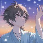  1boy aged_down blue_kimono blush brown_eyes brown_hair chocomilk_nu eiden_(nu_carnival) gem hair_ornament hairclip japanese_clothes jewelry kimono long_sleeves looking_up male_child male_focus necklace nu_carnival short_hair smile 