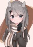  1girl black_gloves blush brown_coat closed_mouth coat gloves grey_eyes grey_hair hair_ornament headgear highres i-201_(kancolle) kantai_collection long_hair long_sleeves looking_at_viewer scarf smile solo striped striped_scarf unoi upper_body x_hair_ornament 