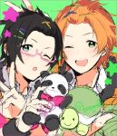  2boys amai_kuro aqua_eyes black_hair blush glasses green_background green_eyes idolmaster idolmaster_side-m iseya_shiki looking_at_viewer male_focus multiple_boys open_mouth orange_hair short_hair sketch smile star_(symbol) stuffed_animal stuffed_panda stuffed_toy stuffed_turtle wakazato_haruna 