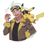  1boy ;d black_shirt brown_jacket clothed_pokemon commentary_request friede_(pokemon) goggles hand_in_pocket hat holding holding_poke_ball jacket male_focus one_eye_closed open_clothes open_jacket open_mouth pikachu poke_ball poke_ball_(basic) pokemon pokemon_(anime) pokemon_sv_(anime) sagemaru-br shirt short_hair signature simple_background smile teeth tongue translation_request white_background white_hair white_headwear yellow_eyes 