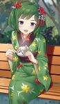  bangs fire_emblem fire_emblem_fates food green_hair green_kimono hair_ornament highres holding holding_food igni_tion japanese_clothes kana_(female)_(fire_emblem) kana_(fire_emblem) kimono looking_at_viewer midori_(fire_emblem) mochi open_mouth outdoors short_twintails sitting_on_bench twintails violet_eyes yukata 