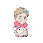  1boy aged_down blonde_hair blue_bow bow character_request chibi cropped_torso flower hair_bow highres looking_at_viewer luguoadeli_(maple12031) male_focus object_hug pink_flower reiner_braun sanrio shingeki_no_kyojin shirt short_hair smile solo stuffed_toy white_background white_shirt 
