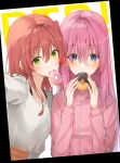  2girls bangs blue_eyes blurry blush bocchi_the_rock! breasts commentary commentary_request dot_nose doughnut eating eyelashes food food_in_mouth gotou_hitori green_eyes hair_between_eyes hands_up head_tilt heads_together highres holding holding_food jacket kanaria_hisagi kita_ikuyo long_hair looking_at_viewer multiple_girls orange_skirt pink_hair pink_jacket redhead selfie shirt sidelocks skirt sky small_breasts standing very_long_hair viewfinder white_shirt 