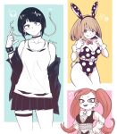  3girls :d animal_ears bare_shoulders belt black_hair blush boku_no_hero_academia bracelet breasts brown_hair choker closed_mouth detached_collar fake_animal_ears fake_tail hands_on_hips head_tilt heart highres index_finger_raised jewelry jirou_kyouka komori_kinoko la_brava leotard long_hair looking_at_viewer medium_hair multiple_girls nashimo_(drz_n) open_mouth playboy_bunny pleated_skirt pointing pointing_at_self polka_dot_leotard rabbit_ears rabbit_tail redhead short_hair skirt smile spiked_bracelet spikes standing tail thighlet tongue tongue_out twintails twitter_username wrist_cuffs 