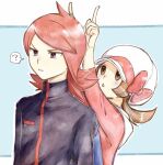  1boy 1girl :o ? arms_up asuka_rkgk blush bow brown_eyes brown_hair cabbie_hat cowlick hat hat_bow index_fingers_raised jacket long_hair looking_up lyra_(pokemon) medium_hair parted_lips pink_bow pink_shirt pokemon pokemon_(game) pokemon_hgss redhead shirt silver_(pokemon) sleeves_past_elbows spoken_question_mark turtleneck turtleneck_jacket twintails upper_body white_headwear 