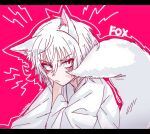  1boy accelerator_(toaru_majutsu_no_index) albino ambiguous_gender androgynous animal_ears bangs black_border blush border english_text eyeshadow fox_ears fox_tail frown hair_between_eyes hand_on_own_shoulder japanese_clothes kemonomimi_mode kimono lightning_bolt_symbol looking_at_viewer makeup messy_hair outline pale_skin portrait red_background red_eyes red_eyeshadow sanpaku short_hair signature sketch solo tail toaru_majutsu_no_index white_hair white_kimono white_outline wo_zatta 