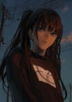  1girl absurdres ao_desu2222 bangs black_eyes black_hair black_shirt blue_sky closed_mouth clouds evening expressionless highres long_hair long_sleeves original outdoors power_lines shirt sidelocks sky solo twintails upper_body utility_pole 