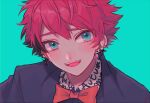  1boy 382 a3! black_hair blue_background blue_eyes blue_shirt bow bowtie ear_piercing earrings facing_viewer jewelry looking_to_the_side male_focus multicolored_hair multiple_earrings nanao_taichi open_mouth piercing red_bow red_bowtie redhead shirt short_hair smile solo 