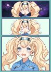  1girl bangs blonde_hair blue_eyes blue_shirt blush breast_pocket buttons collared_shirt crying crying_with_eyes_open gambier_bay_(kancolle) hairband kantai_collection long_hair mitsuyo_(mituyo324) multiple_views o_o open_mouth pocket shirt tears twintails 