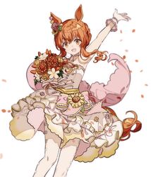  1girl animal_ears arm_up bare_shoulders blooming_maiden&#039;s_june_pride_(umamusume) blurry bouquet depth_of_field dress feet_out_of_frame flower gloves gocoli hair_bun hair_flower hair_ornament highres holding holding_bouquet horse_ears horse_girl looking_at_viewer mayano_top_gun_(sunlight_bouquet)_(umamusume) mayano_top_gun_(umamusume) official_alternate_costume orange_eyes orange_hair solo strapless strapless_dress umamusume wedding white_dress white_gloves 