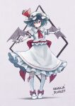  1girl ascot bangs bat_wings blue_hair bow character_name closed_mouth commentary english_text footwear_bow frilled_skirt frills full_body grey_background hat hat_ribbon highres looking_at_viewer mob_cap red_ascot red_bow red_eyes red_ribbon remilia_scarlet ribbon satyuas shirt short_hair short_sleeves simple_background skirt solo standing touhou white_headwear white_shirt white_skirt wings wrist_cuffs 