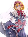 1girl alice_margatroid bangs blonde_hair blue_dress blue_eyes bow capelet commentary_request dress frills hairband highres jingai_(k1bun) lolita_hairband long_sleeves looking_at_viewer red_bow ribbon short_hair simple_background smile solo touhou white_background white_capelet 