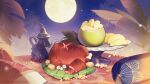  boned_meat food fruit full_moon highres meat moon night night_sky no_humans nu_carnival official_art palm_leaf plate pomelo sky teapot tropical 